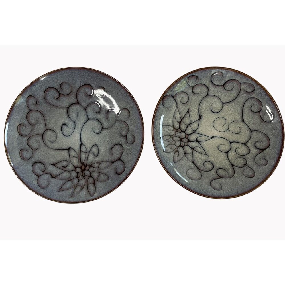 Set Of 2 Roscher "Olivia" 11" Stoneware Plates With Abstract Pattern Gray & Brow
